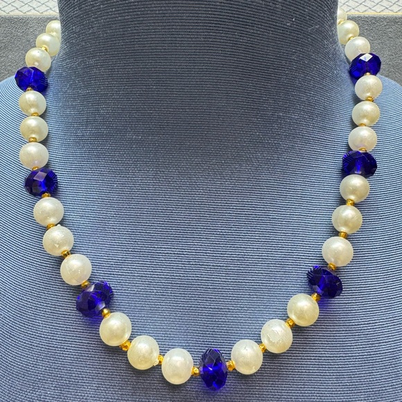 Jewelry - Elegant new handmade faux Pearl and Blue Crystal Beaded Necklace
